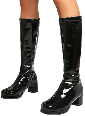 Stivali da Donna al Ginocchio con Tacco Largo Boots con Gambale Lungo E Punta Quadrata con Cerniera Laterale Stivali da Cavaliere in Pelle Verniciata PU Autunno Inverno Tacchi Alti(41 EU)