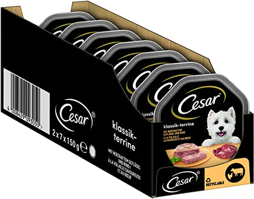 Cesar Adult Hundenassfutter Klassik-Terrine mit herzhaftem Geflügel und Rind, 14 Schalen, 14x150g – Premium Hundefutter nass, ohne Zuckerzusatz, künstliche Aroma– oder Farbstoffe (Packung mit 6)