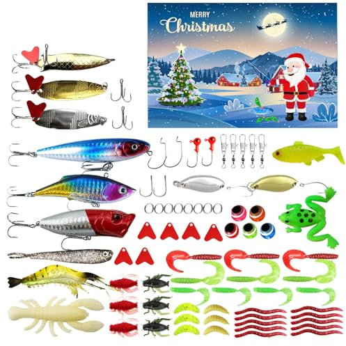 Fishing Advent Calendar 2024, 24 Days Christmas Countdown Fishing Lures Tackle Set, Xmas Surprise Fish Bait Gift for Fisher Father Granpa Boyfriend, Advent Calendar Fishing Christmas Countdown (BU)