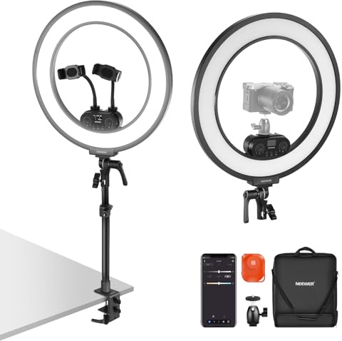 NEEWER RL45B 18 Ringlicht Schreibtisch Edge Lit Ring Licht für Handy, Kamera, Laptop, LED Beleuchtungs Set, Telefonhalter, Tischständer, Kugelkopfmontage, Webcam, Zoom Anruf, Streaming, Selfie