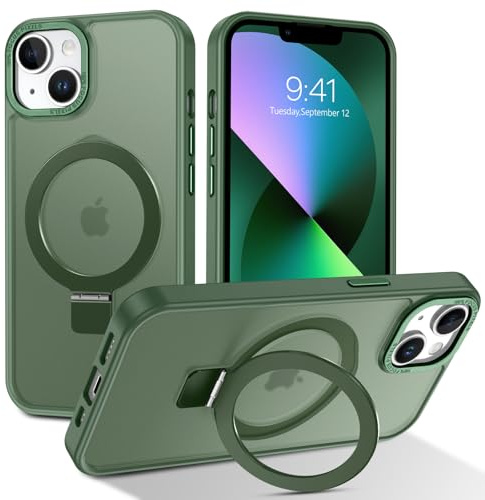 Telaso Magnetic for iPhone 13 Mini Case, Compatible with Magsafe with Magnetic Stand Ring Holder, Translucent Matte Back TPU Bumper Military Grade Protective Phone Case for iPhone 13 Mini, Green