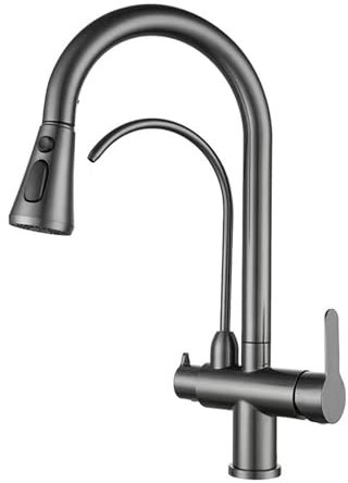 3 Way Kitchen Tap Gun Gray Gooseneck Kitchen Sink Mixer Tap with Pull Out Spray Kitchen Mixer Tap with Swivel Spout Mixer Tap for Kitchen Sink