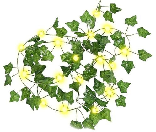 Artificial Ivy Fairy String Lights, 2 Meter 6.5ft Ivy Leaf Garland with 20 LED Copper Wire Vine Hanging String Lights, Green Leaves Vine Fairy Lights Hanging for Bedroom Wedding Party Home Wall Decor