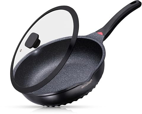 INTIGNIS Deep Non-Stick Frying Pan with Lid – 3-in-1 Sauté Pan, Skillet & Mini Wok – GREBLON Ceramic Coating | Induction Hob Safe | Stainless Steel Base |PTFE & PFOA Free (Black, 24 cm)