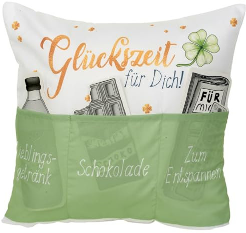 itenga Kissen aus Stoff - Dekokissen mit 3 Taschen zum Befüllen 43x43cm mit Motiv (Motiv Glückszeit)