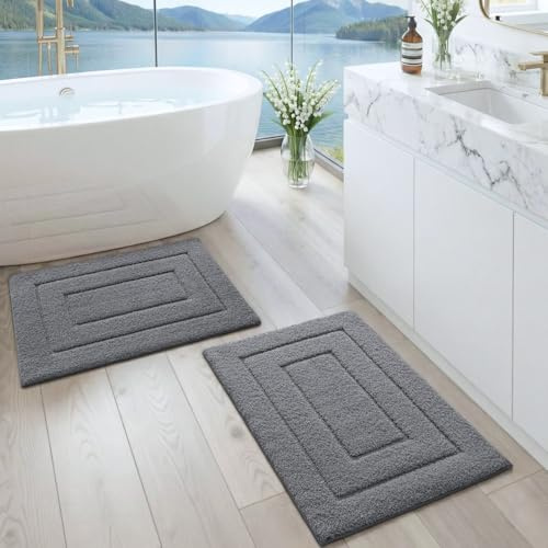 DEXI Alfombra Baño Antideslizante, Set de 2 Pzas Alfombrilla Baño Súper Absorbente, Alfombras Bañera de Microfibra Ultra Suave y Cómoda, Lavable a Máquina, 50 x 80 cm + 50 x 80 cm, Gris