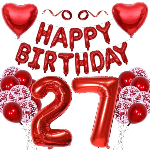 Anlgdi Deko 27. Geburtstag Frau, Geburtstagsdeko 27 Jahre Frauen Männer, Folienballon Zahl 27 Rot, Ballons Happy 27th Birthday Mann Deko, Folienballon 27 Geburtstag Männer Frauen Dekoration