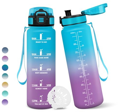 Botella Agua, 1 litro Libre de BPA, Botella Agua Gimnasio, Con Marca de Tiempo, Botellas de Agua, Diseño de Cerradura a Prueba de Fugas, Botellas de Agua Para Niños para Deportes - Azul&Morado
