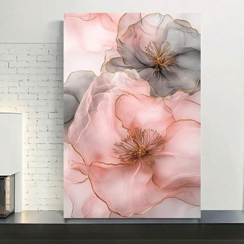 TONGYINLI Grande toile florale murale – Peinture florale rose et grise, décoration élégante pour salon, affiches et impressions dorées, 40 x 60 cm, sans cadre