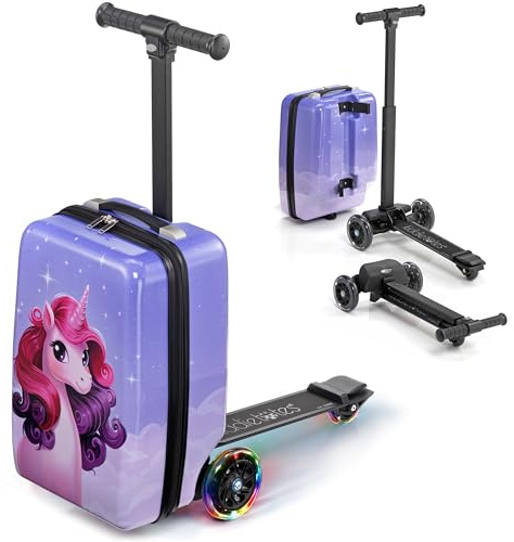 KIDDIETOTES Abnehmbares 2-in-1-Rollergepäck für Kinder – Aufsitzkoffer mit abnehmbarem Gepäckkörper, verstellbarem Lenker, robustem Deck und Bremse, Handgepäckgröße – Reisen & Spielen, Violett
