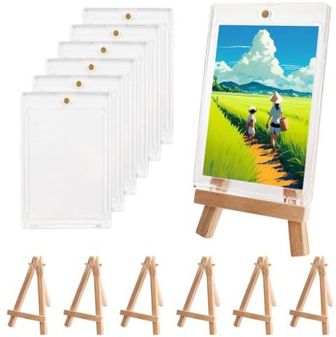 MOLENCO 35PT Magnetic Card Holder, Magnetischer Kartenhalter, 6 Stück | mit Mini Staffelei Holz, Doppelseitig Transparent Karten Rahmen, 35PT Sammelkarten Hüllen Halter für Trading, Sportkarten