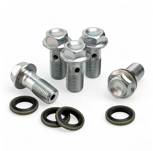 Flylin Banjo Bolts 10Pcs, M10x1mm Stainless Silver | Brake Line Fittings Adapter with Copper Washers Universal