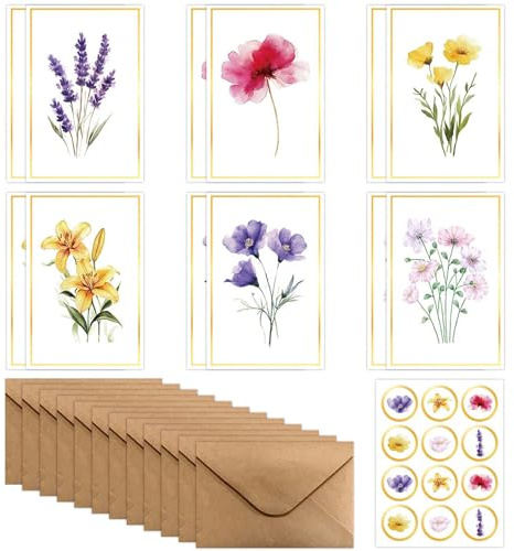 DEARBAG Biglietti di Auguri con Buste, Biglietto Auguri Compleanno, 12 Pezzi Biglietti Floreali con Buste e Adesivi per Compleanni, Natale, Capodanno, Matrimoni, Anniversari