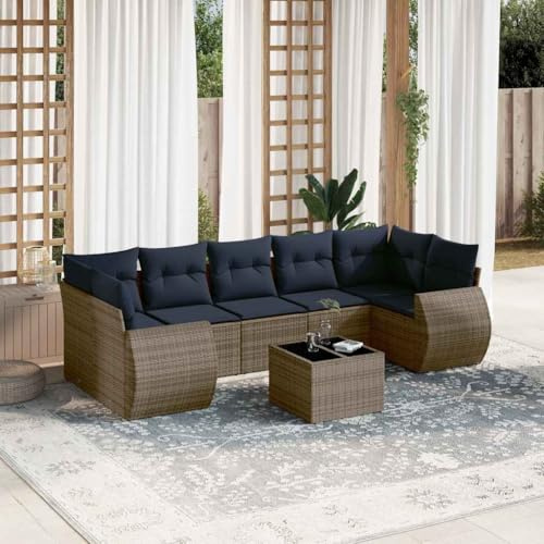Holamys 8-teiliges Gartensofa-Set, Grau Polyrattan, mit Kissen, Gartentisch aus Hartglas, UV-beständig, modulare Outdoor-Möbel für Terrasse, Balkon