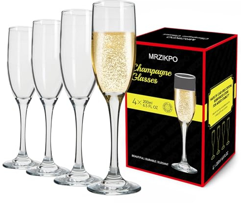 MRZIKPO Champagne Glasses,Set of 4,Classic Shape,Hand Blown Elegant Unique Gift for Long stem Sparkling,Wine Glasses for Wedding,Birthday Mother’s Day-Ideal for Wine Tasting,Daily Use-6.5 oz,Clear