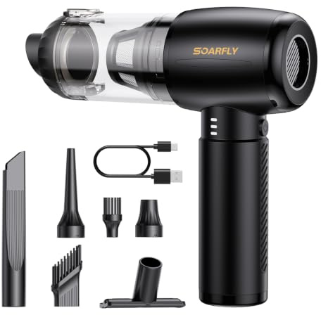 SoarFly Handstaubsauger Akku, 25000Pa 4 in 1 Auto Mini Staubsauger Kabellos Stark mit LED Licht, 2-Gang Elektrische Staubgebläse mit Bürstenloser Motor für den Auto, Küche, PC, Sofa, Büro