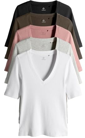 THE SET Damen Gerippte Kurzarm-T-Shirts mit V-Ausschnitt, 5er-Pack Black/Brown/Pink/Grey/White x_s