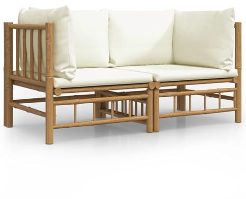 WGYHOME Divani angolari da giardino con cuscino bianco crema, 2 pezzi, in bambù, set da pranzo, set da divano, set da giardino con divano e poltrona