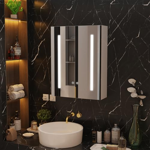 Supfine Spiegelschrank Bad mit LED Beleuchtung, Weiß, MDF, 3-Farbige Beleuchtung mit Berührungssteuerung, Verstellbare Einlegeböden, Steckdose und Lichtschalter, Antibeschlag (60x80x15 cm)