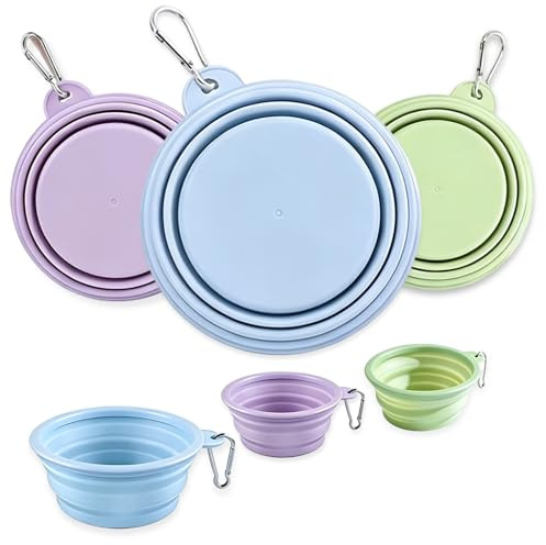 Collapsible Dog Bowls 3 Pack, Silicone Travel Bowls for Camping Hiking Home | 1×1000 ml & 2×350 ml, foldable portable reusable travel bowls with carabiner clip, macaron colours for pet food and water