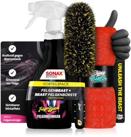 Felgenreiniger Set: SONAX FelgenBeast 500ml + FelgenBürste Beast Edition + Mikrofasertuch + Handschuhe | Bremsstaub gezielt lösen und Felgen sauber nacharbeiten | 4-teilig