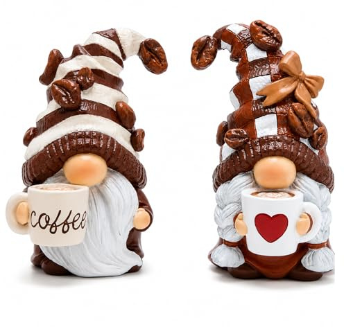 Vexilon 2 Stück Kaffeezwerge, Harz Frühling Wichtel Figuren Deko für Kaffeebar, Bauernhaus Accessoires Zwerg Deko für Küche, Wohnzimmer, Büro, Geschenk für Kaffeeliebhaber
