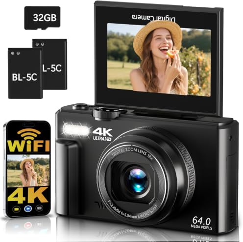 H-Bocam Digitalkamera 4K 64MP WLAN Kamera Fotokamera Autofokus Fotoapparat | für Anfänger, 3 180° Klappbildschirm, 18X Digitalzoom, mit 32GB Karte, 2 Akku