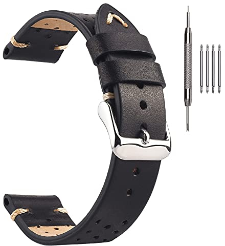 EACHE 20mm Schwarze Leder Uhrenarmbänder für Männer, Perforierte Rally Racing-Uhrenarmbänder für Männer