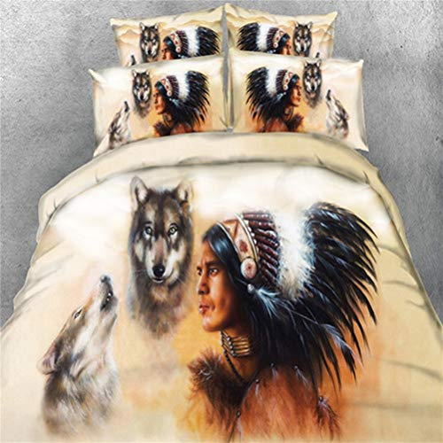 MIUNNG Mikrofaser Atmungsaktiv Hypoallergene Bettbezug,Tier Pferd,Indisch und Wolf,Drachen,Schädel Bettwäsche Set Geeignet für die Vier Jahreszeiten (Indianer & Wolf, 135 x 200cm)