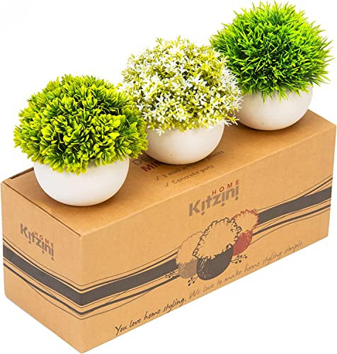 Kitzini Indoor Plants Artificial Plant Set - Lifelike, Green & White Artificial Plants Indoors in Pots - Lovely Small Fake Plant Set of 3 - Great Small Fake Plants as Bathroom Plants Artificial Decor