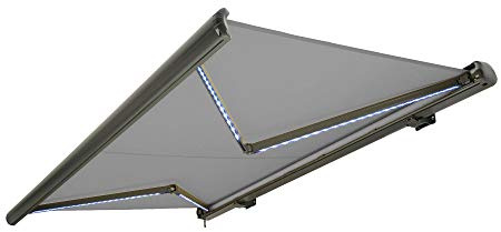 NEMAXX Kassettenmarkise elektrisch Vollkassettenmarkise mit LED, Markise hellgrau, Kassette anthrazit, Funk Fernbedienung, wasserdicht, 600x300 cm (6x3m)