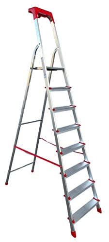 Scala Domestica in Alluminio Pieghevole Leggera Antiscivolo con Portaoggetti e Gancio Porta Secchio Scaletta Multifunzione (8 Gradini)