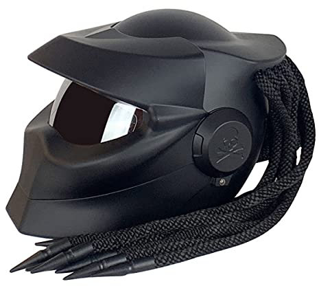 BANNESE Predator Motorradhelm, Persönlichkeit Full Face Flip Open Motorradhelmmaske Mit Haargeflecht Und LED-Licht Für Reiten Im Freien Oder Clubpartys Und Cosplay Prop, DOT,Bright Black,L