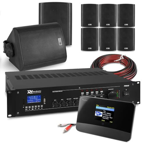 Power Dynamics Commercial Wall Mount Audio System – 240W Mixer Amplifier, 8 Black Weatherproof Wall Mounted Speakers, DAB+ Internet Radio Tuner, Wireless Streaming, Speaker Cable & RCA Connection Kit