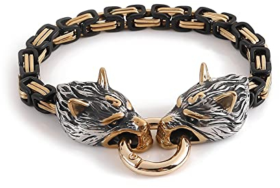Wolfskopfmanschette für Herren Armband, Odin Wolf - Geri und Freki Rostfreier Stahl Punk-Biker Handgelenkskette Königskette Fenrir Wikinger Amulett Schmuck mit Federringverschluss,Black gold,19cm