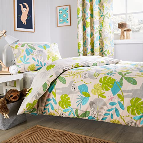 Olivia Rocco Sloth Duvet Cover Set Pink Duvet Cover Quilt Fitted Sheet Pillow Case Kids Bedding Set Soft Easy Care Kids Children's Bedding Duvet Set Quilt Bed Covers (Double Duvet Cover Set)
