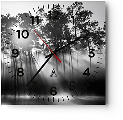 Modern Wanduhr Wald Kiefer Sonne 40x40cm Quadrat Groß Wand Uhr Glas Analog Zimmeruhren Küche Büro Wohnzimmer Glasuhr Wall Clock Dekoration Design Wanddekoration Küchenuhr C4AC40x40-4829