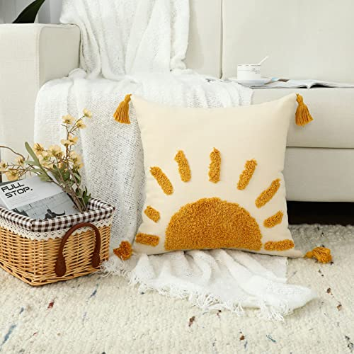 Labilin Kissenbezug 45x45 Gelb 1er Set Kissenbezüge Kissenhülle Gewebte Getuftete Sonnen Dekokissen mit Quasten Sofakissen Couchkissen Dekokissen Zierkissenbezug Deko Kissenhüllen Wohnzimmer