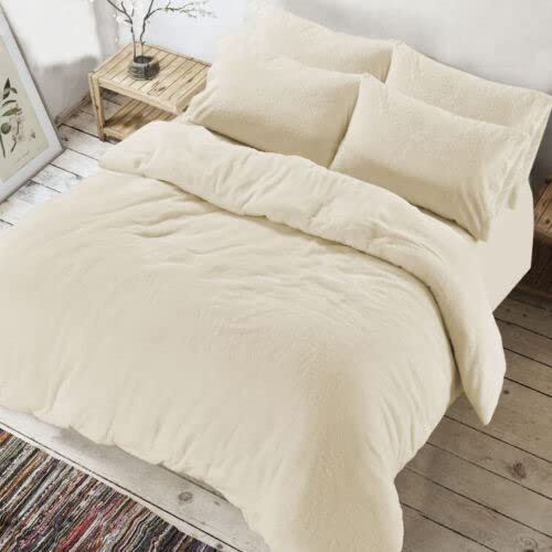 CHILIMILII Teddy Fleece warm Cuddly Duvet/Quilt Cover set, Luxury Sharpa Fleece Duvet covers, Soft, Cosy,Thermal & Warm Teddy Duvet Cover sets with matching pillowcases (Cream, Double)