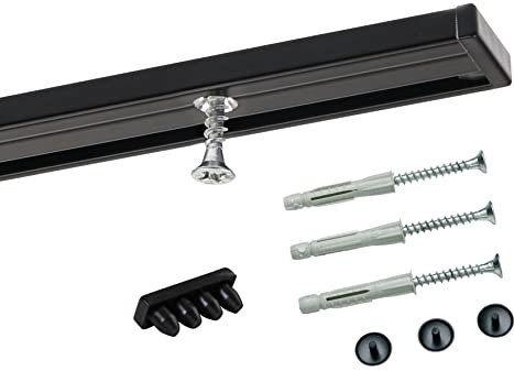 Deco-Raum Gardinenschiene auf Maß Aluminium 1-läufig vorgebohrt Vorhangschiene Deckenbefestigung für Schiebevorhang Vorhang Gardinen mit Befestigungsmaterial schwarz 260 cm geteilt Minimal