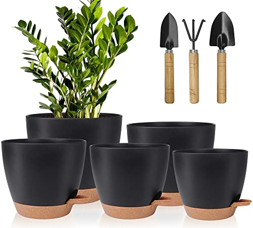 Kunststoff Blumentopf Mit Bewässerungssystem, 17.8/16.5/15.2/13.9/12.7cm Selbstbewässerung Übertopf Mit Untersetzer Rund Pflanzkübel Für Innen Und Balkon Garten Pflanzen Sukkulenten (Schwarz Braun)