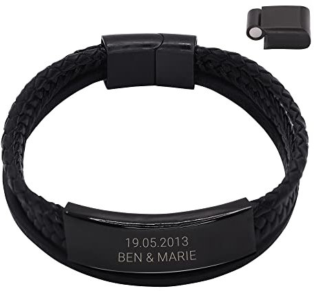 Heideman Schwarzes Armband Herren mit Gravur aus Leder, Personalisierter Schmuck, Personalisierte Geschenke für Männer, Armband mit Namen, Edelstahl