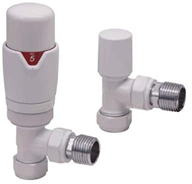 Designer Angled TRV Thermostatic Towel Rail Radiator Valves 15mm White | Energy Saving |
