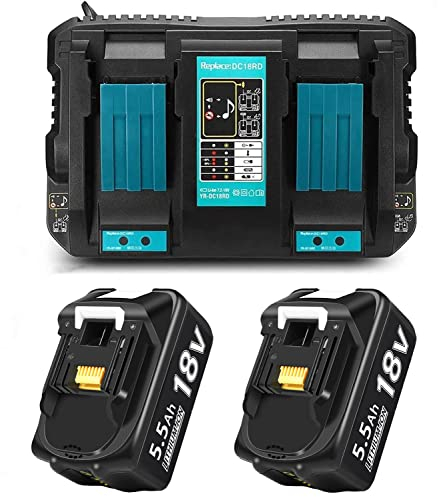 Ladegerät 18v mit Akku für Makita BL1840B BL1830 BL1850 BL1850B BL1860 BL1860B BL1815 LXT-400, 2 Stück 18 V 5500 mAh Ersatzbatterien mit Dual Port Netzteil DC18RD 6 A