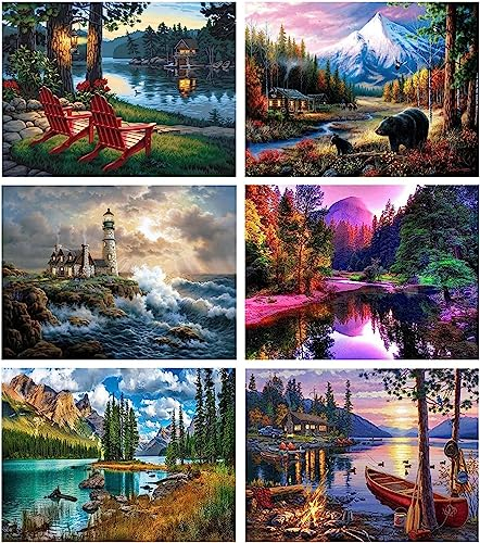 6 Stück Malen nach Zahlen, Malen nach Zahlen Erwachsene Kinder Anfänger, Paint by Numbers,Erwachsene Malen Nach Zahlen DIY Landschaft Ölgemälde Leinwand für Home Décor, Ohne Rahmen (12X16in)(30X40cm)