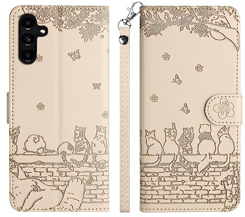 Aisenth Coque pour Samsung Galaxy A14 5G/A14, Chats Papillon Motif Housse Case en Cuir Cover à Rabat, Anti-Choc Magnétique Portefeuille Étui de Protection avec Fentes pour Cartes, Beige