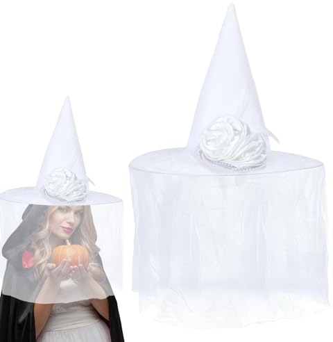 PHASZ Weiße Hexenbrautmütze - Hexenhüte zur Dekoration,Halloween Hexenhut Schleier Zaubererhut Damen Herren Breite Krempe Spitzhut Par Karneval Cosplay Kostü