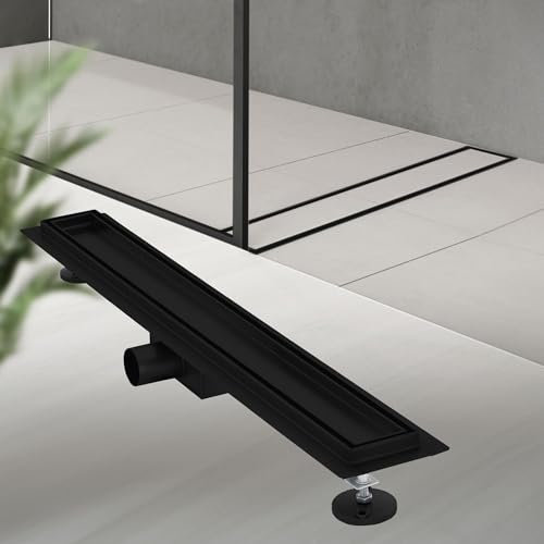 LuxeBath Duschrinne 70 cm 2in1, befliesbar, extra flach, Edelstahl, Schwarz, Doppelseitige Bodenablauf, Komplettset Bodenbefestigung, Duschablauf, Siphon mit Geruchsstop, Haarsieb, Ablaufrinne Dusche