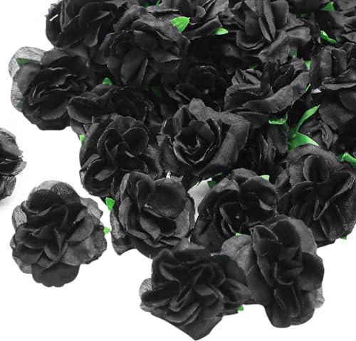 HXMJIED 50 Pcs Mini Black Flower Heads, 4CM Black Rose Heads, Artificial Rose Flower Heads, Fake Rose Petals, Black Artificial Flowers