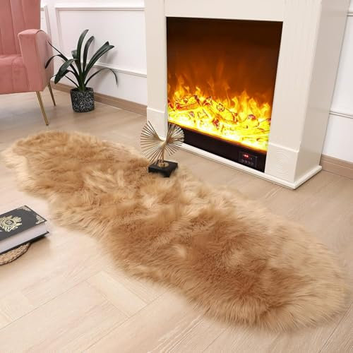 JXLOULAN Faux Lammfell Schaffell Teppich Hellbraun 60x160 cm, Flauschiger Teppich Wohnzimmer Deko Longhair Weicher Fell Carpet für Stühle Sofa Schlafzimmer Kinderzimmer
